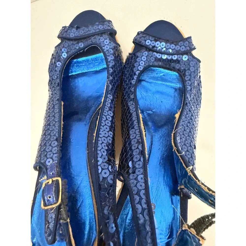 Zigisoho Blue Sequin Espadrille Wedge Sandals Slingback Peep Toe Platform Shoes